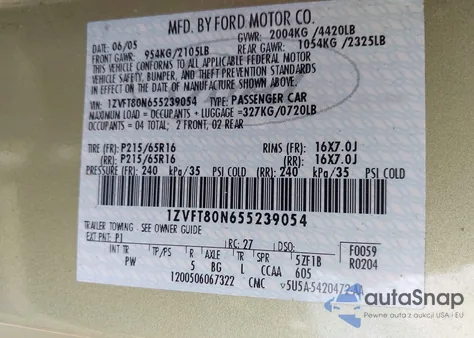 2005 Ford Mustang V6 Deluxe/V6 Premium из США, поврежденный, VIN 1ZVFT80N655239054